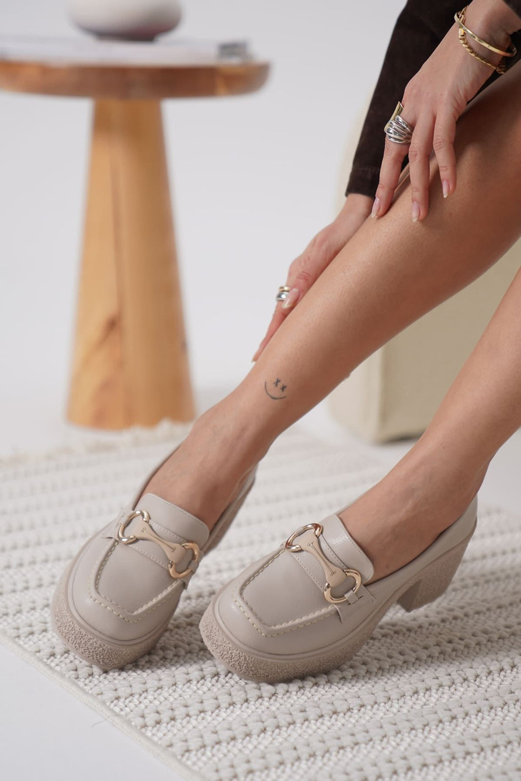 Leona Premium Beige Buckled Wedge Heel Shoes