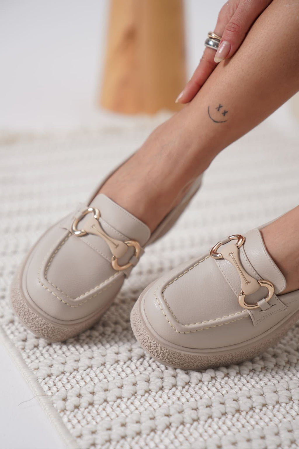 Leona Premium Beige Buckled Wedge Heel Shoes