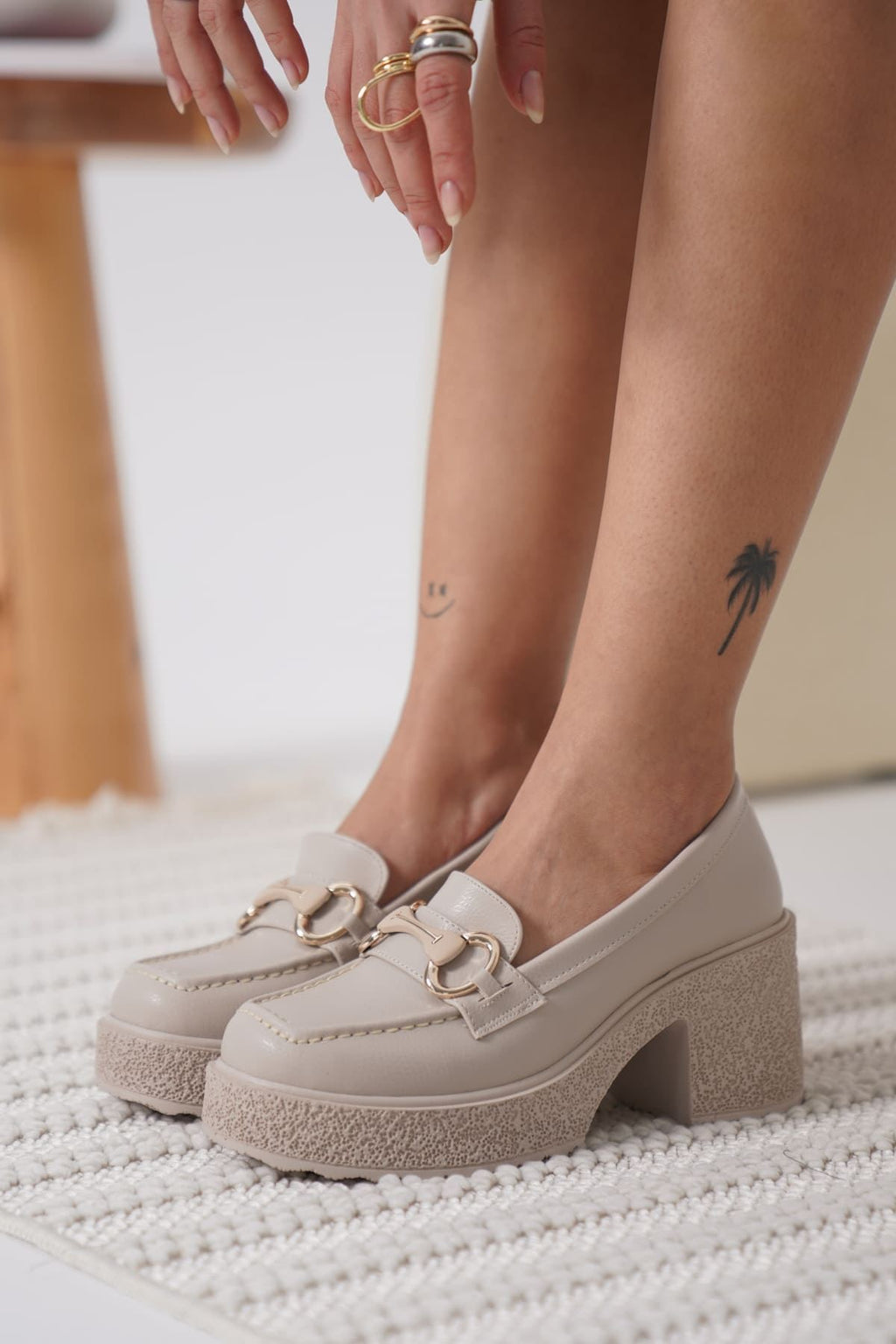 Leona Premium Beige Buckled Wedge Heel Shoes