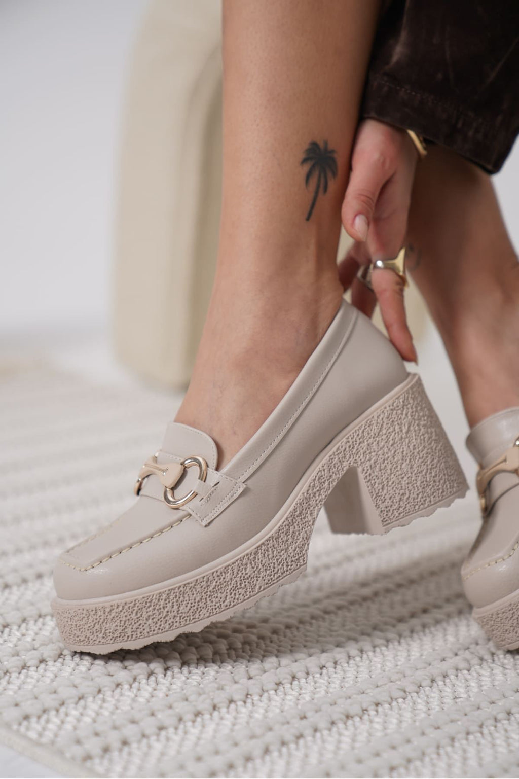 Leona Premium Beige Buckled Wedge Heel Shoes