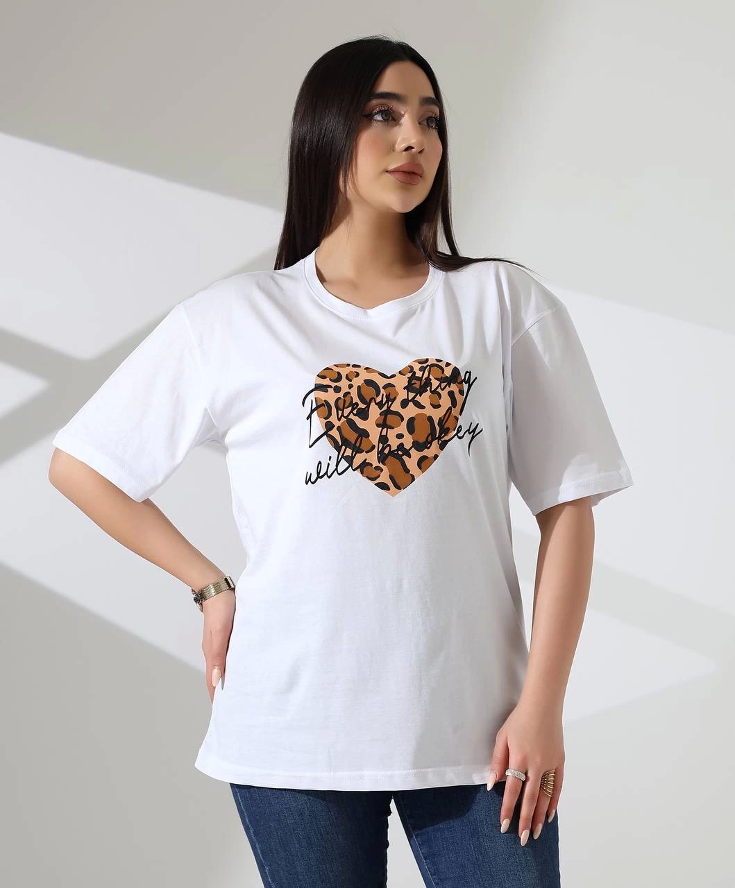 Leopar Kalp Baskılı Tişört