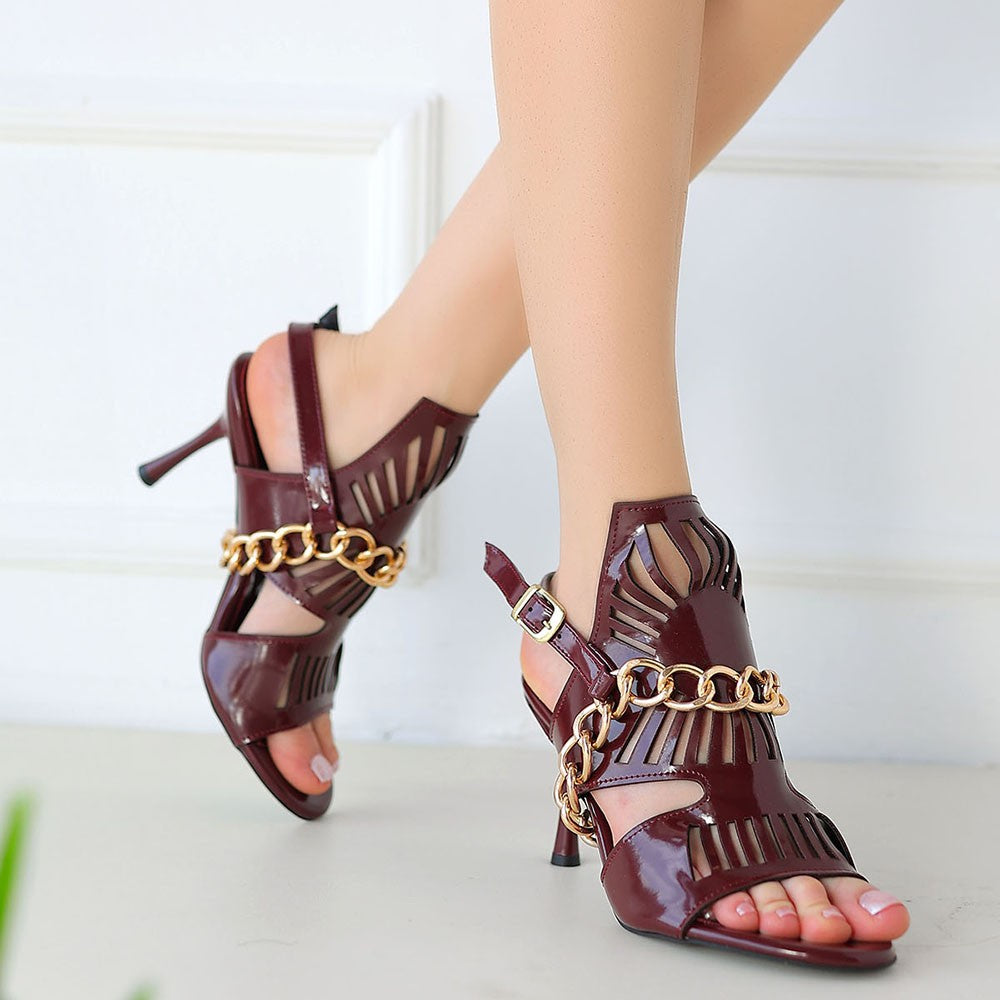 Lidya Burgundy Patent Leather Chain Thin Heeled Shoes