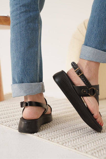 Likya Premium Black Genuine Leather Sandals 