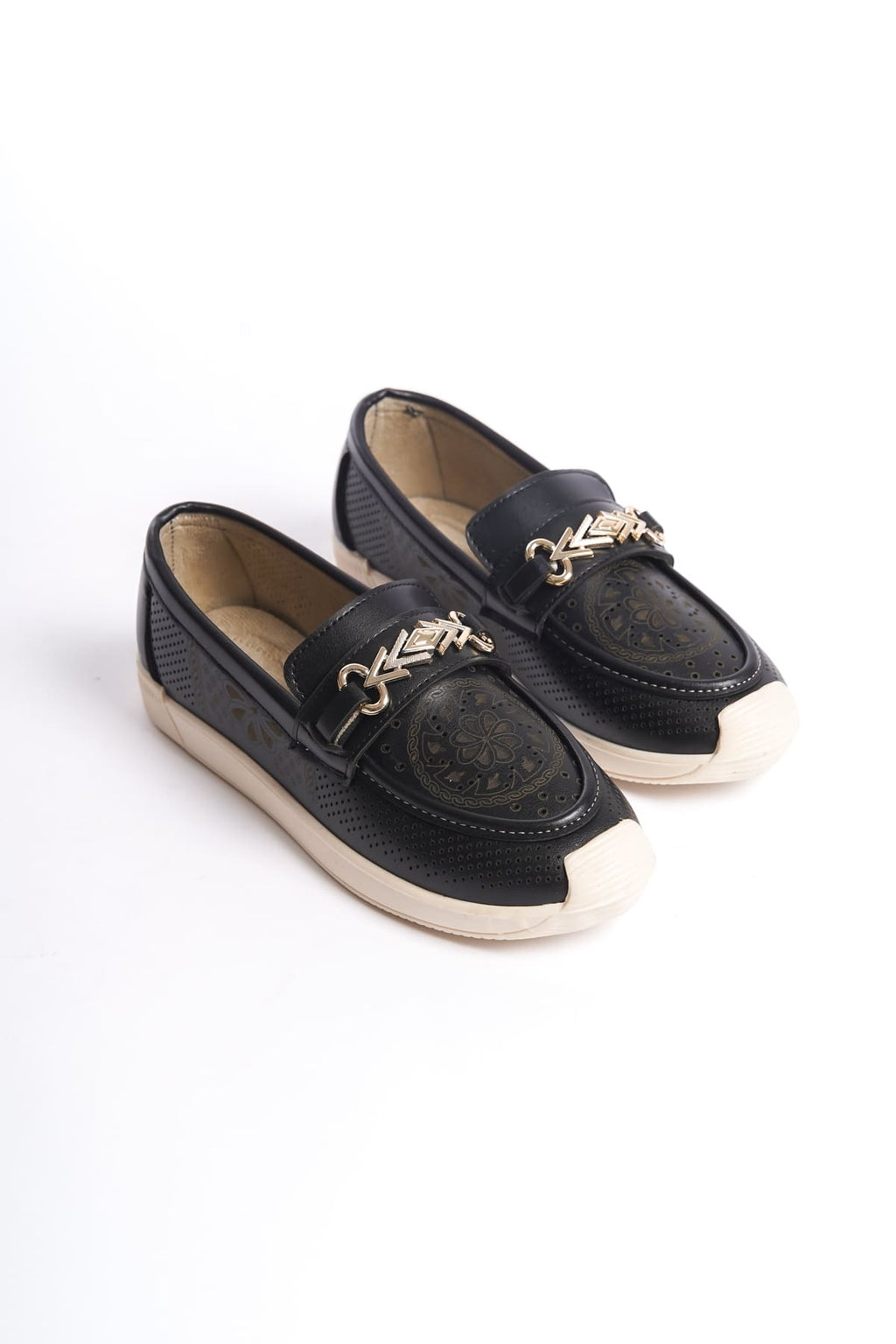 SoftWalk Bağcıksız Ortopedik Rahat Kadın Babet Ayakkabı - Çiçek Desen Siyah