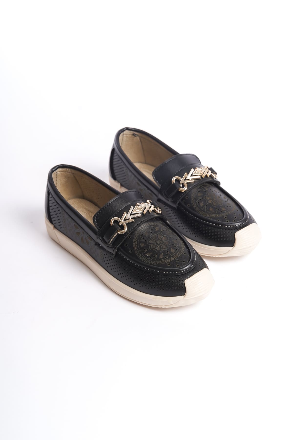 SoftWalk Bağcıksız Ortopedik Rahat Kadın Babet Ayakkabı - Çiçek Desen Siyah