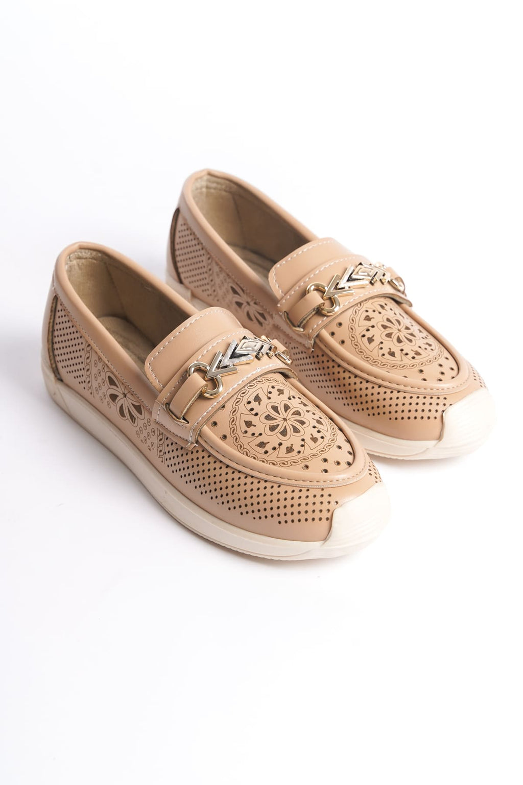 SoftWalk Bağcıksız Ortopedik Rahat Kadın Babet Ayakkabı - Çiçek Desen Ten