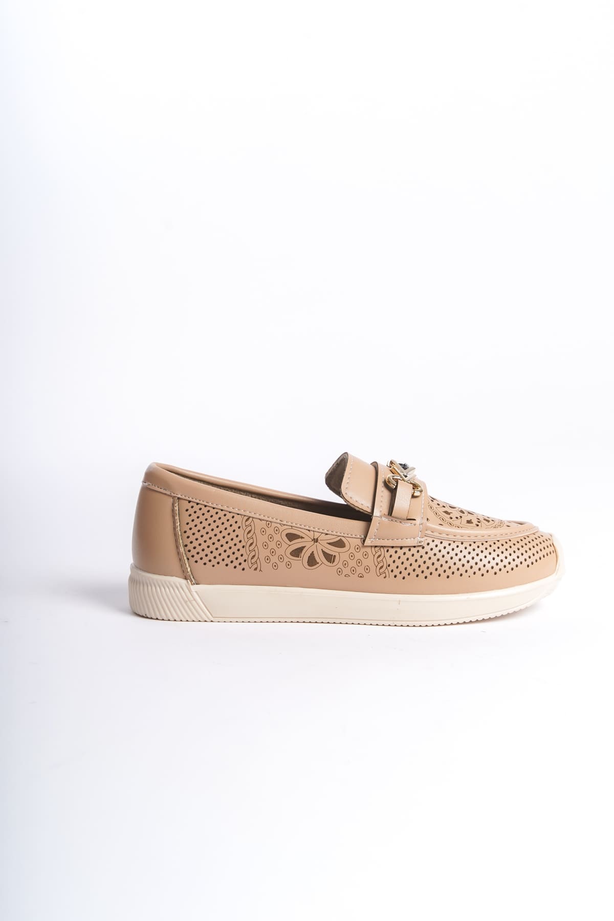 SoftWalk Bağcıksız Ortopedik Rahat Kadın Babet Ayakkabı - Çiçek Desen Ten