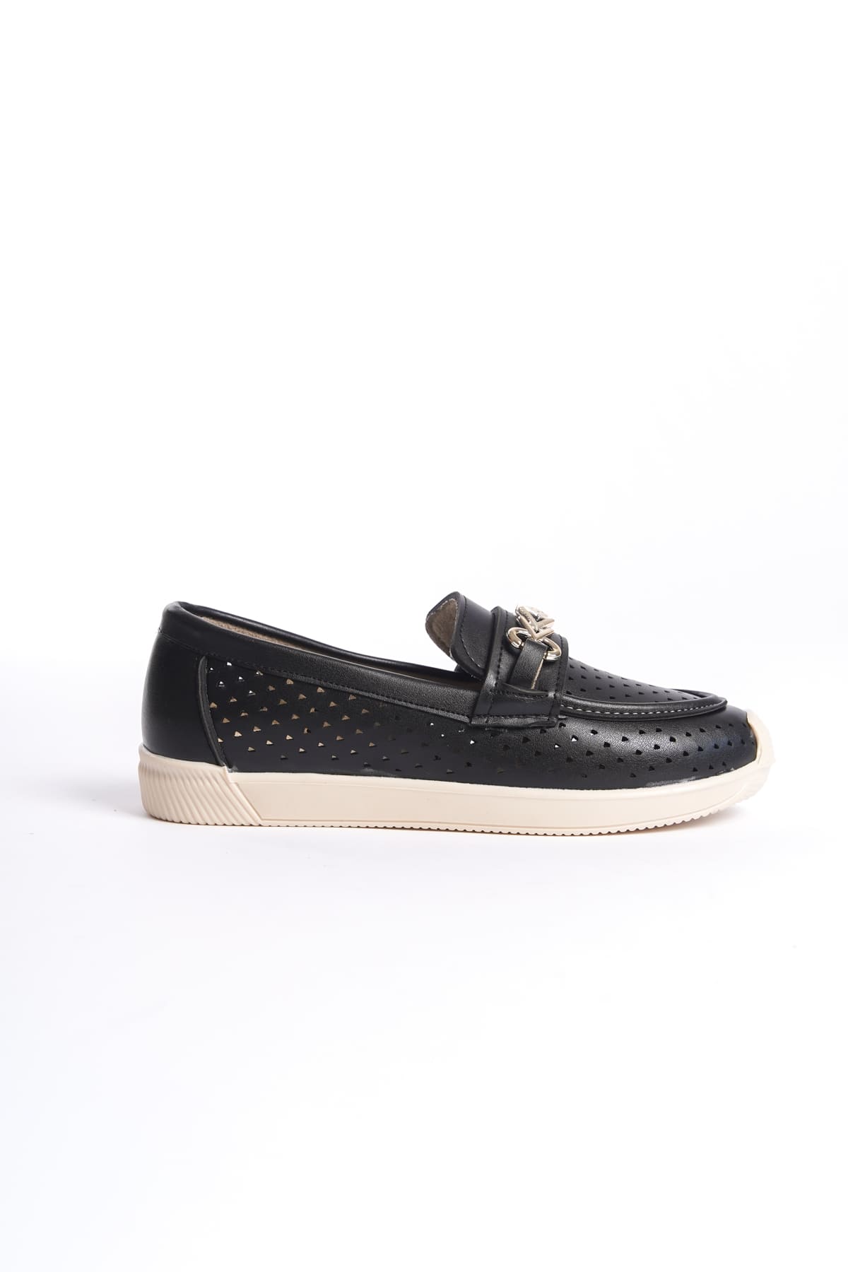 SoftWalk Bağcıksız Ortopedik Rahat Kadın Babet Ayakkabı - Kalp Desen Siyah