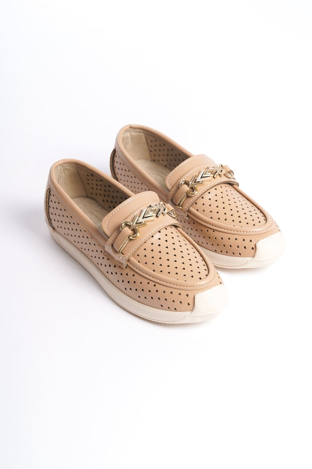 SoftWalk Bağcıksız Ortopedik Rahat Kadın Babet Ayakkabı - Kalp Desen Ten