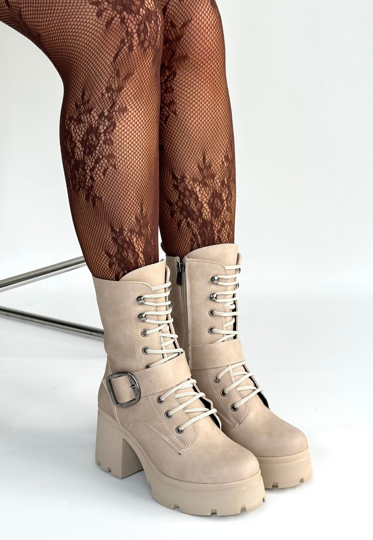 Linma Premium Bej Nubuk Dolgu Topuklu Bağcıklı Bot