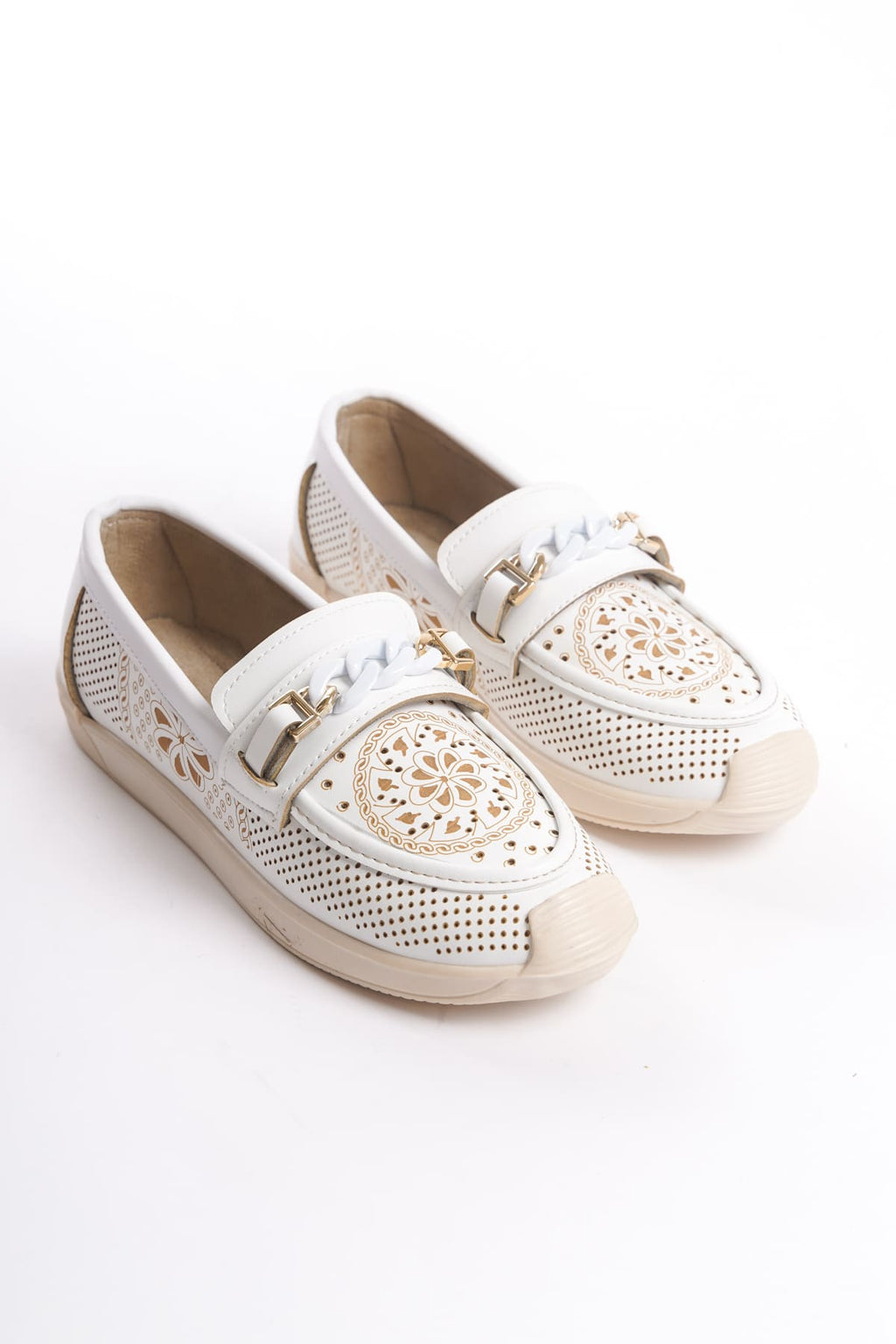 LIZY Laceless Orthopedic Comfortable Floral Patterned Ballerina Mother's Shoes - White