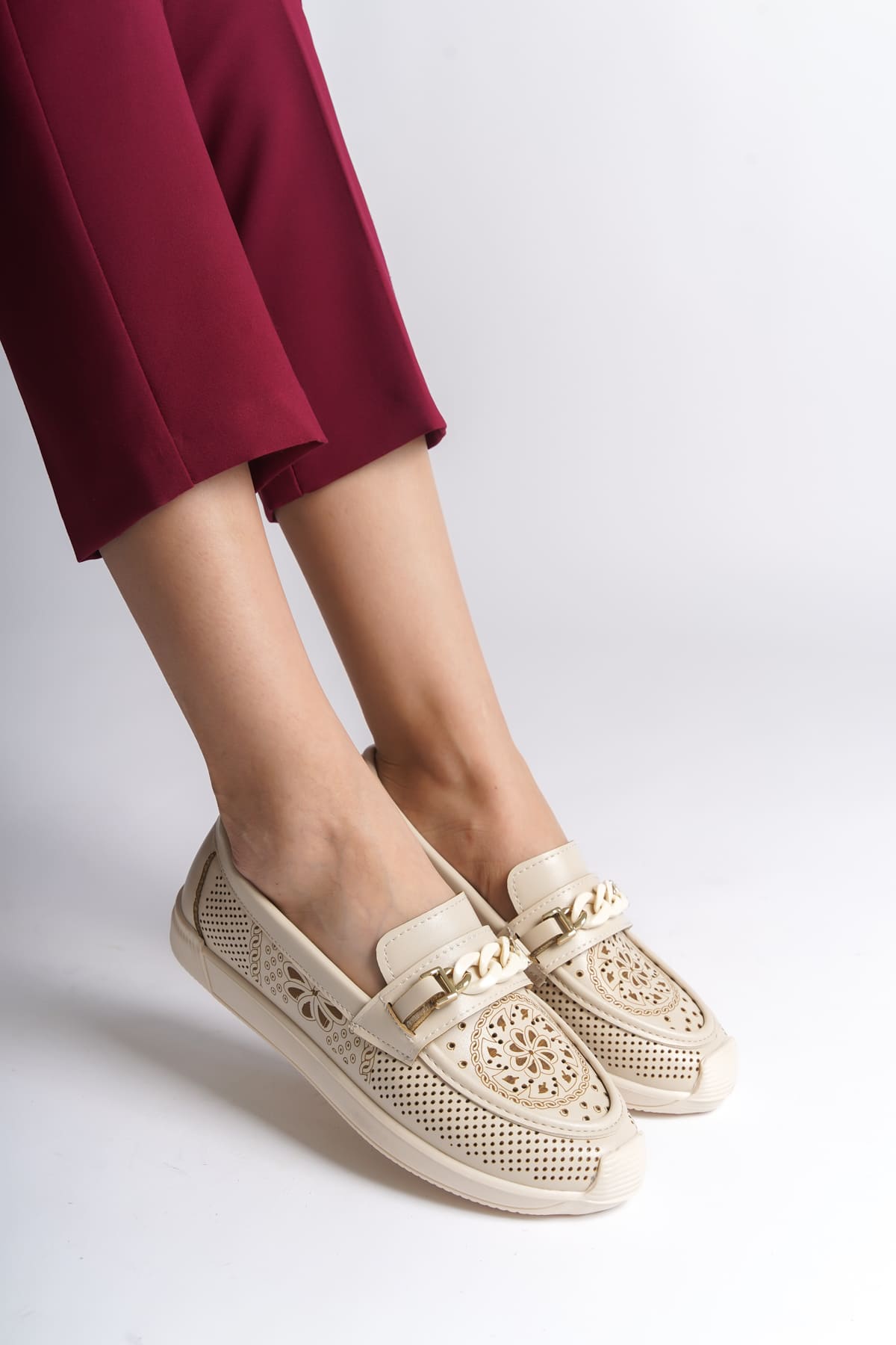 LIZY Laceless Orthopedic Comfortable Floral Patterned Ballerina Mother's Shoes - Cream