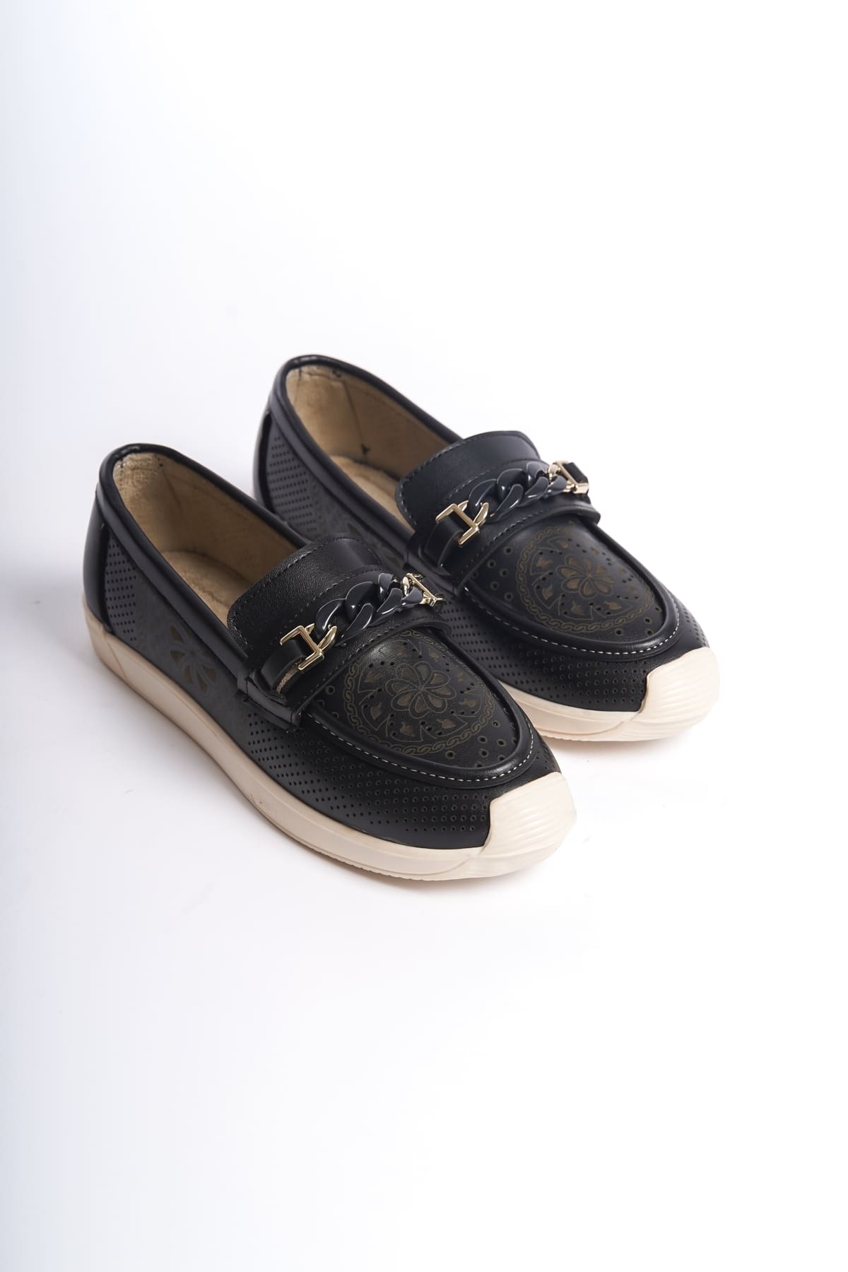 LIZY Laceless Orthopedic Comfortable Floral Patterned Ballerina Mother's Shoes - Black