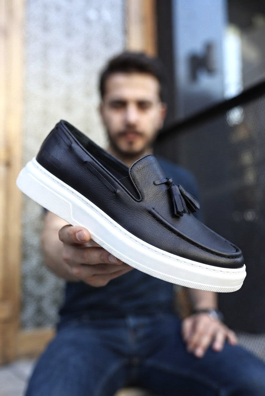 Loafer-X Yüksek Kalite Premium Bağcıksız Günlük Erkek Loafer Siyah Beyaz