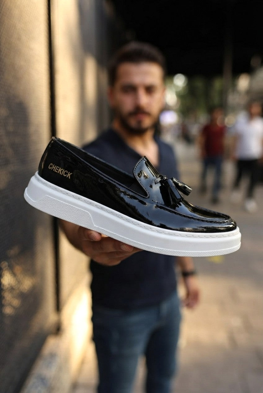Loafer-X Yüksek Kalite Premium Bağcıksız Günlük Erkek Loafer Siyah Beyaz Rugan