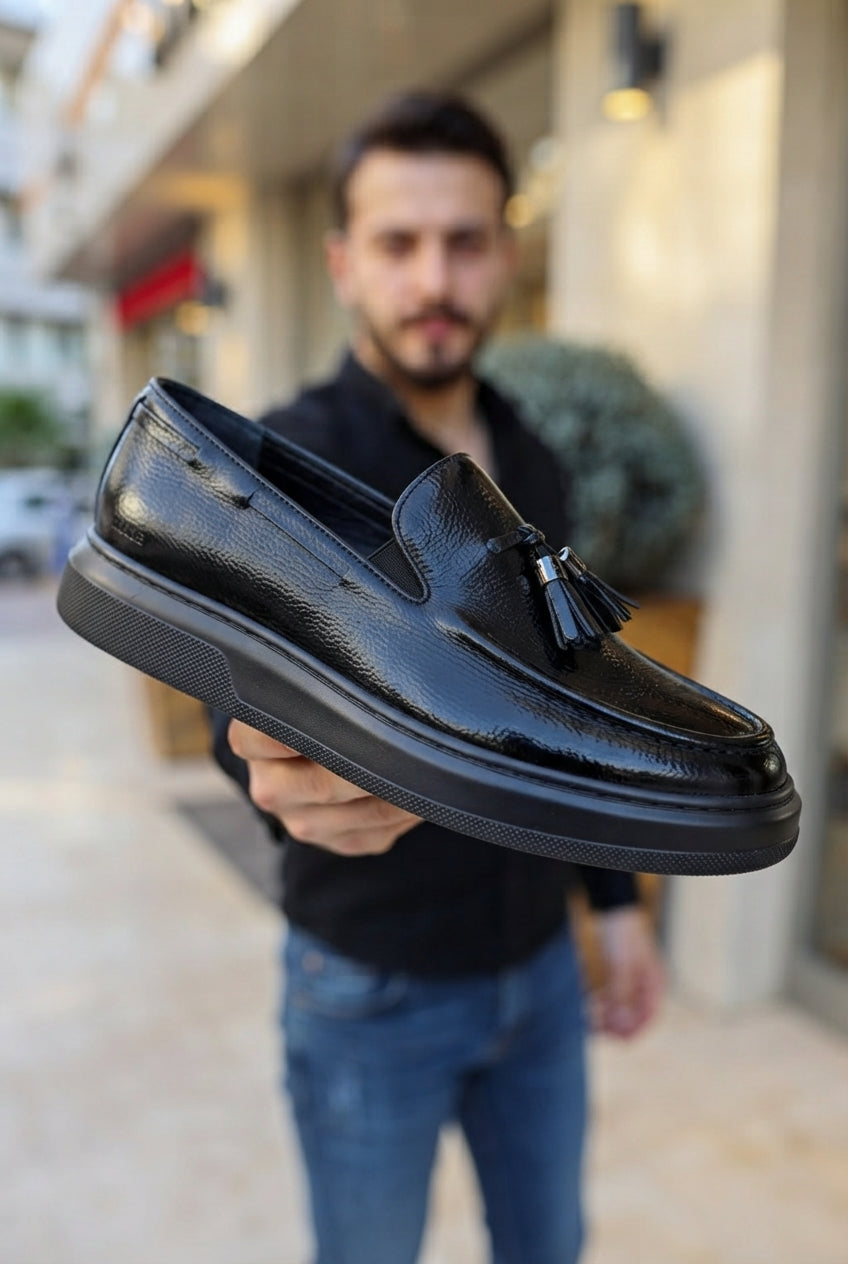 Loafer-X Yüksek Kalite Premium Bağcıksız Günlük Erkek Loafer Siyah Rugan