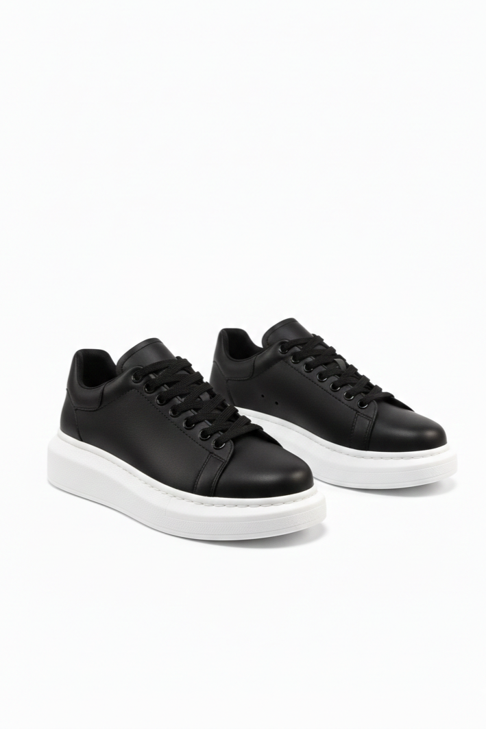 London Edition Yüksek Kalite Bağcıklı Kalın Taban Erkek Siyah Beyaz Sneaker