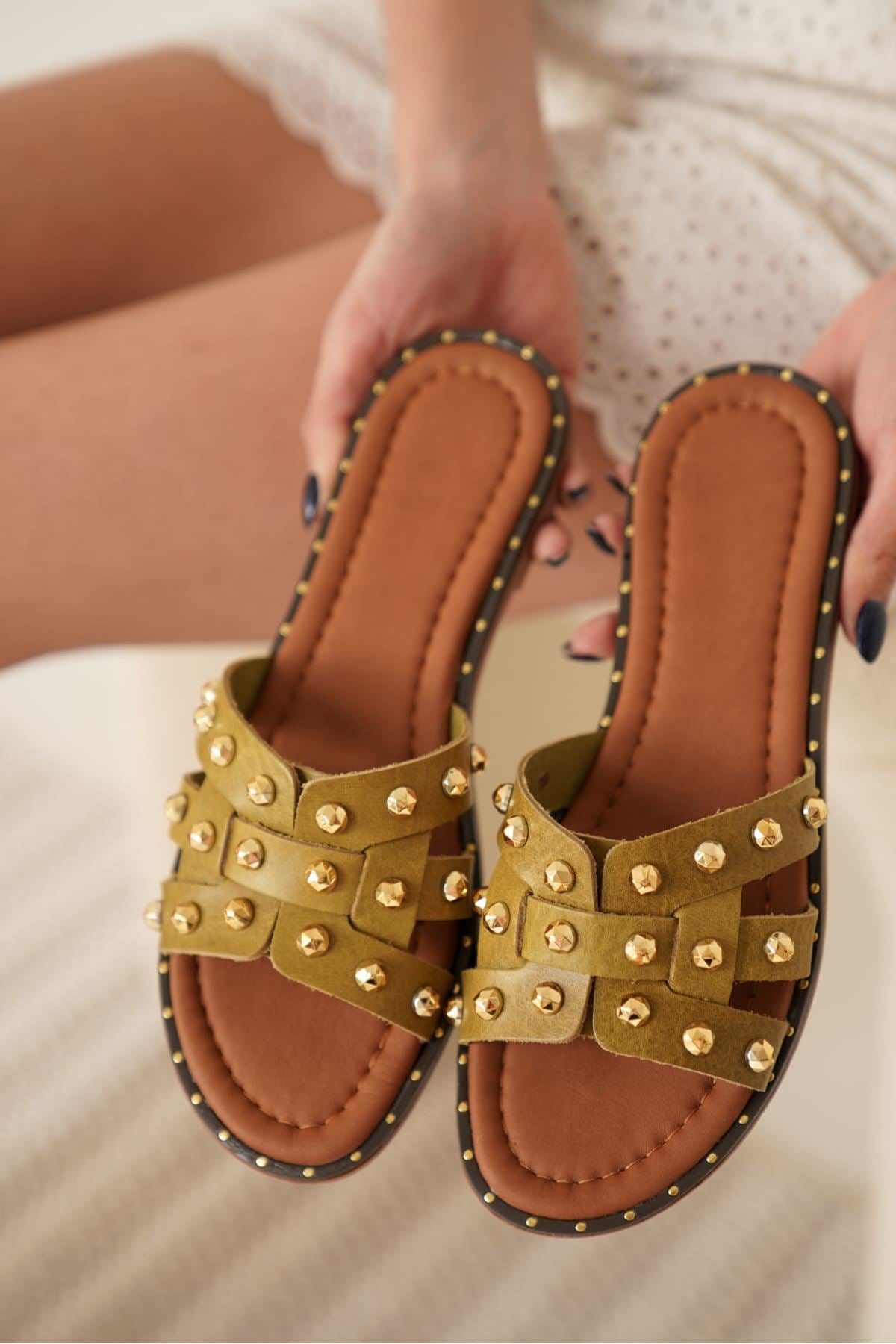 Loose Premium Khaki Green Genuine Leather Slippers