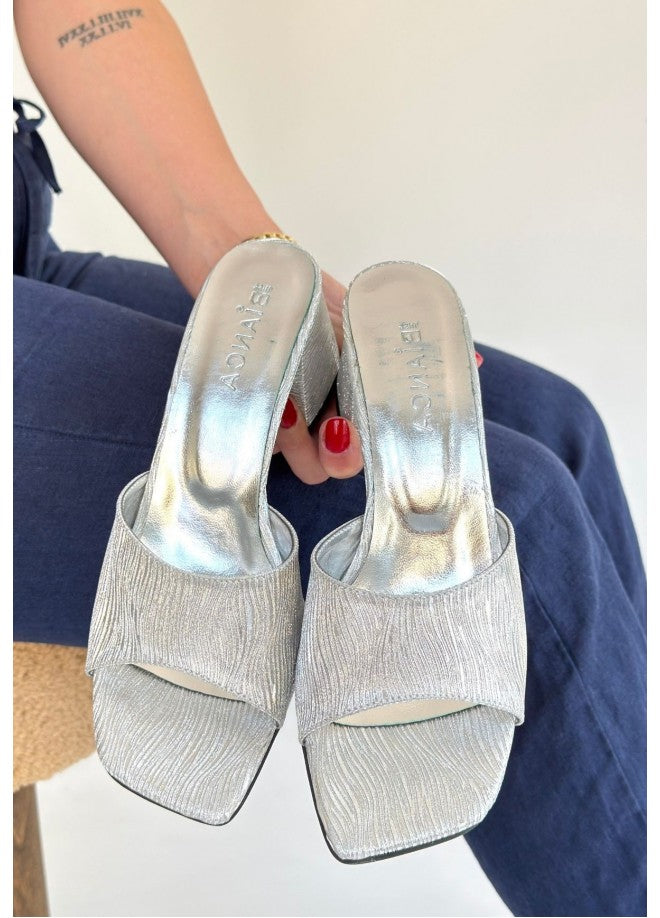 Luart Silver Glittery Heeled Slippers
