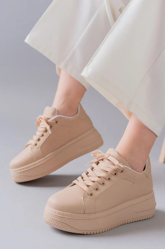 Luke Beige Lace-Up Basic Women's Sneakers
