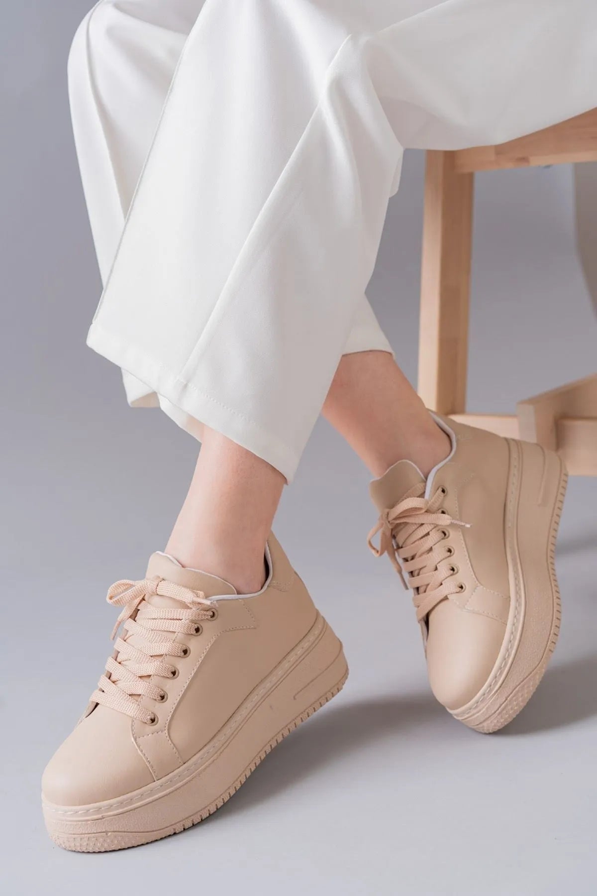 Luke Beige Lace-Up Basic Women's Sneakers