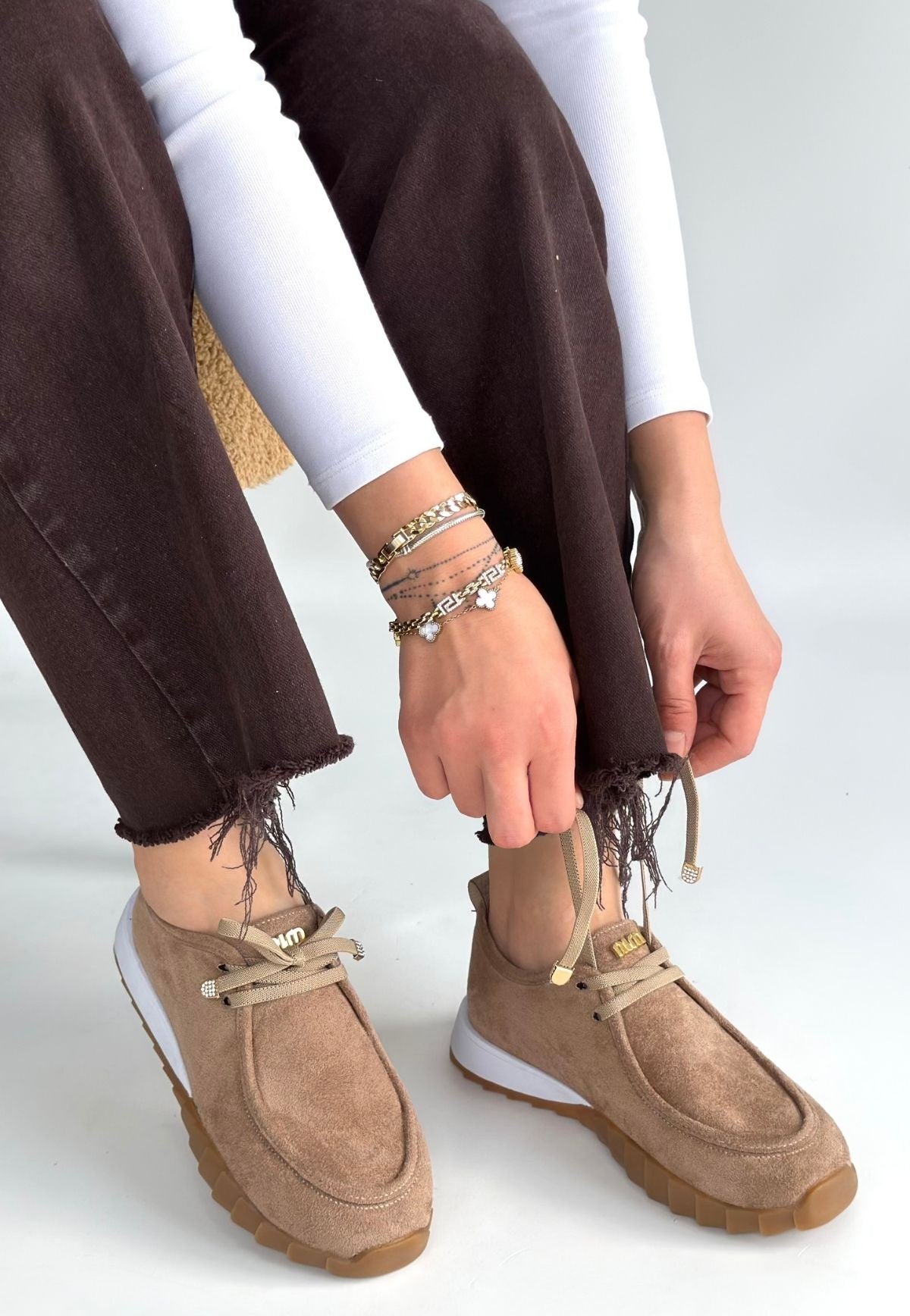 ZRNE-005 Premium Bej Bağcıklı Casual Kadın Spor Ayakkabı