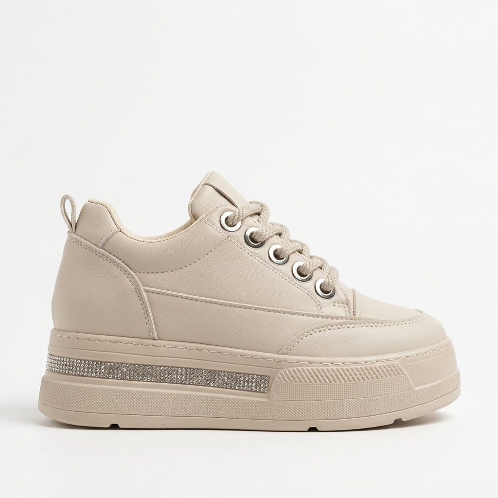Lunora Premium Yüksek Taban Bej 8 cm Gizli Topuk Kadın Sneaker