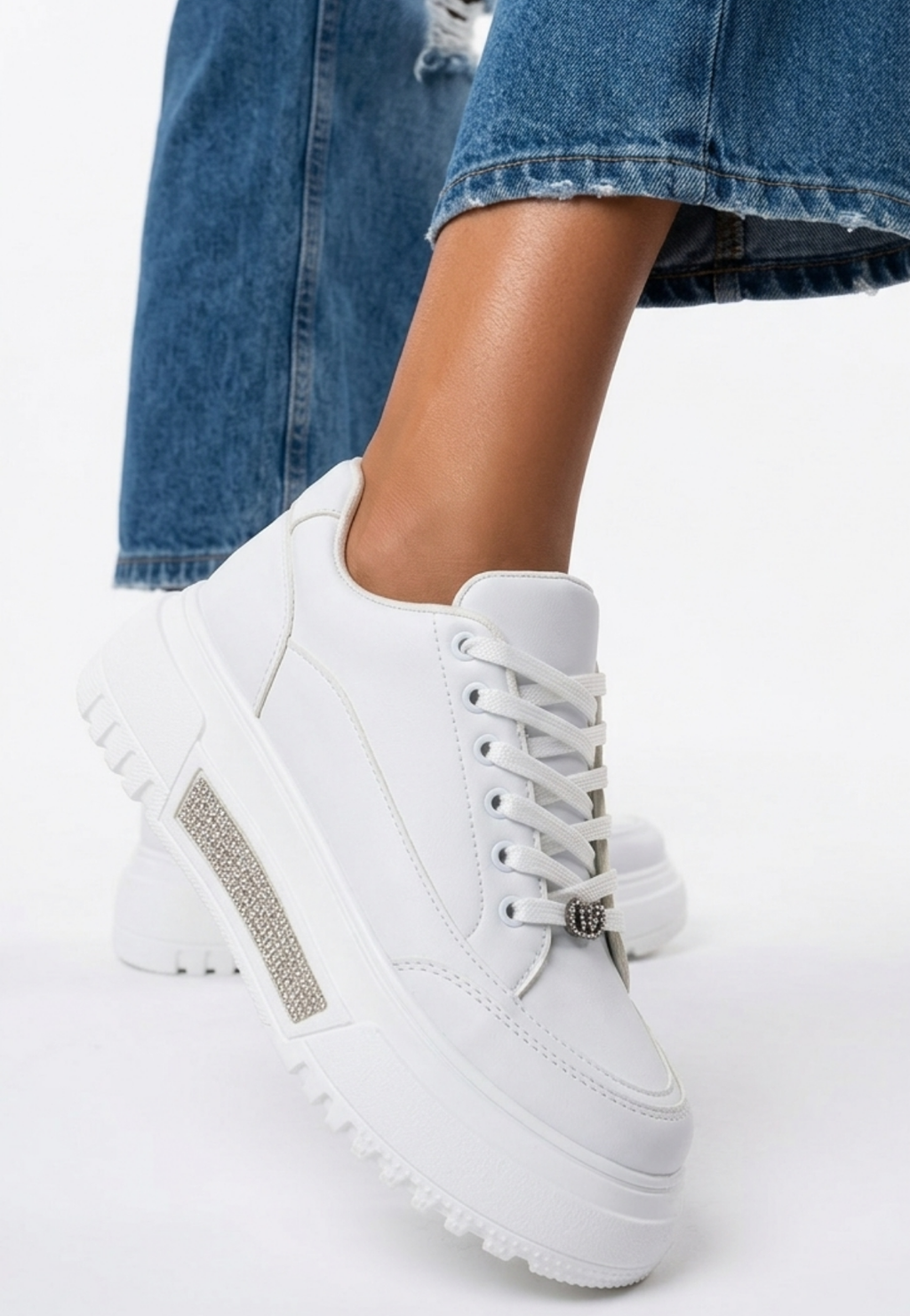 Luto Premium 5 cm Kalın Taban Beyaz Bağcıklı Kadın Sneaker