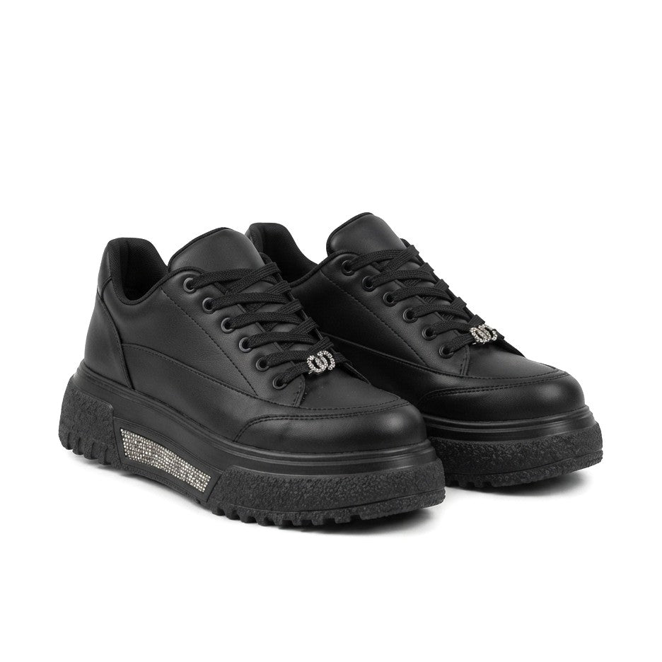 Luto Premium 5 cm Kalın Taban Siyah Bağcıklı Kadın Sneaker