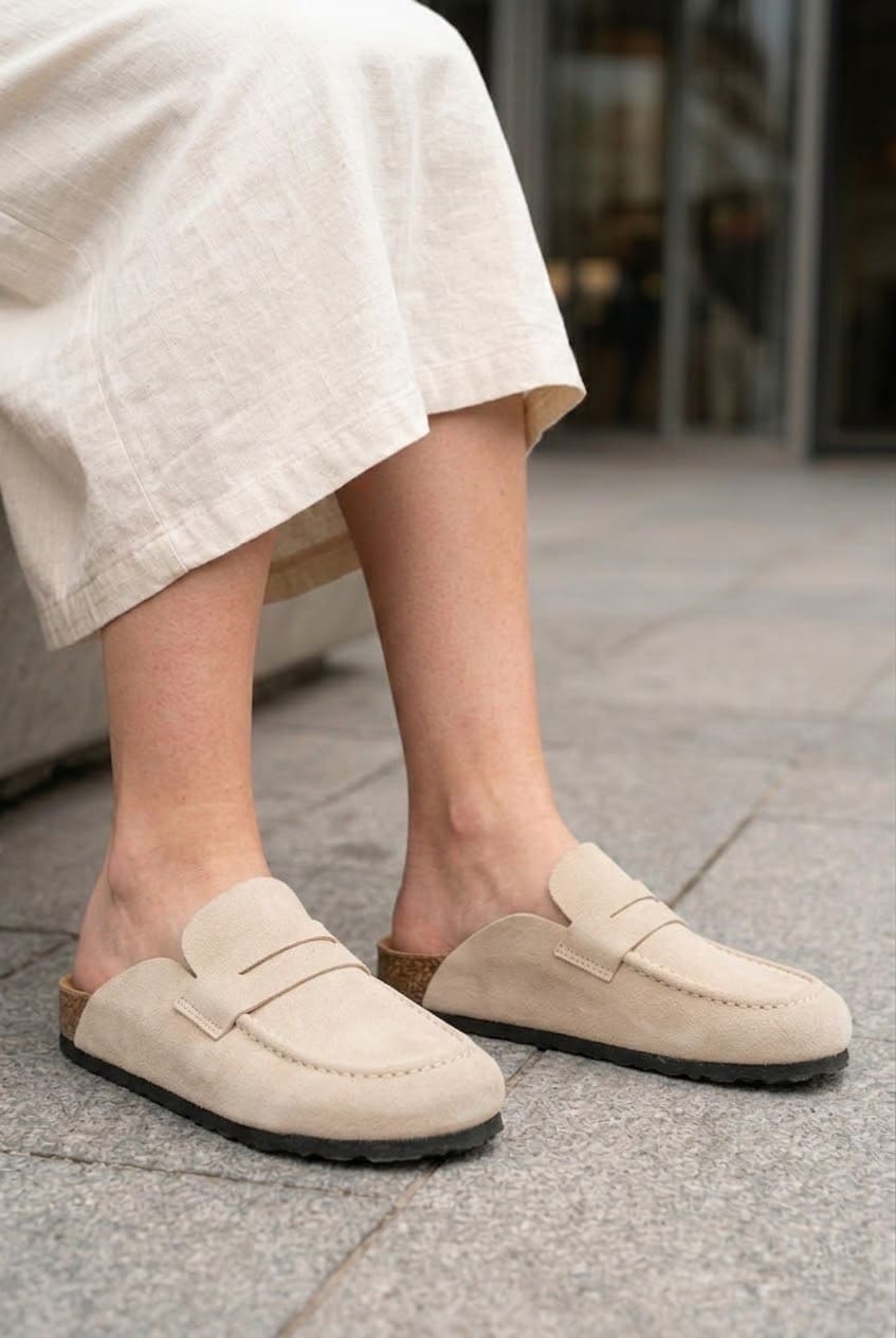 Regensburg Premium Hakiki Süet Deri Kadın Günlük Mantar Taban Loafer Terlik - Krem
