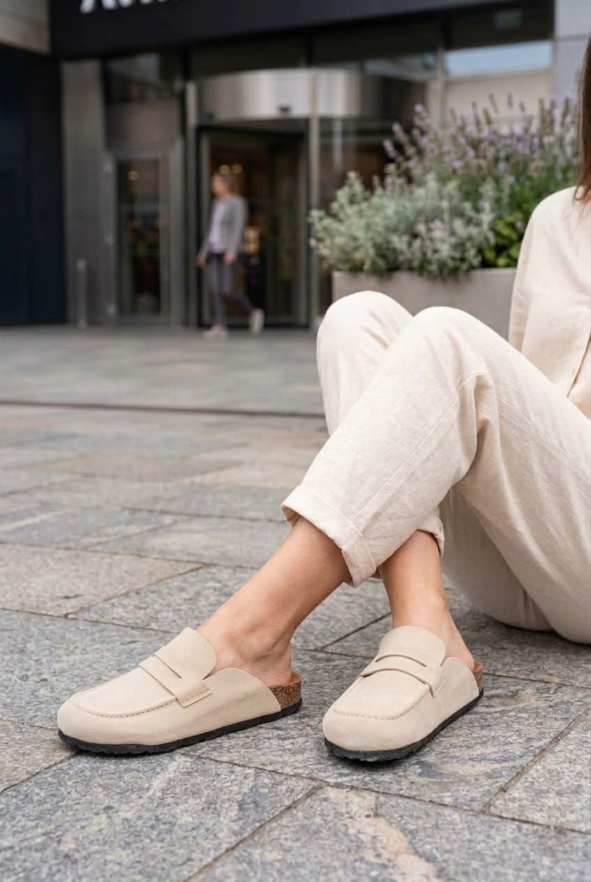 Regensburg Premium Hakiki Süet Deri Kadın Günlük Mantar Taban Loafer Terlik - Krem