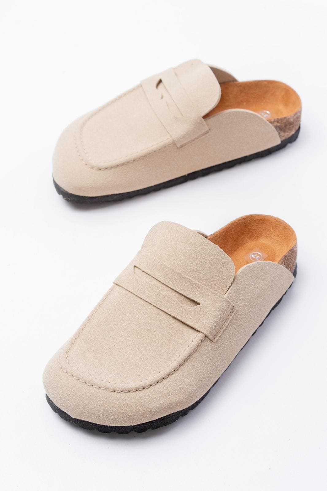Regensburg Premium Hakiki Süet Deri Kadın Günlük Mantar Taban Loafer Terlik - Krem