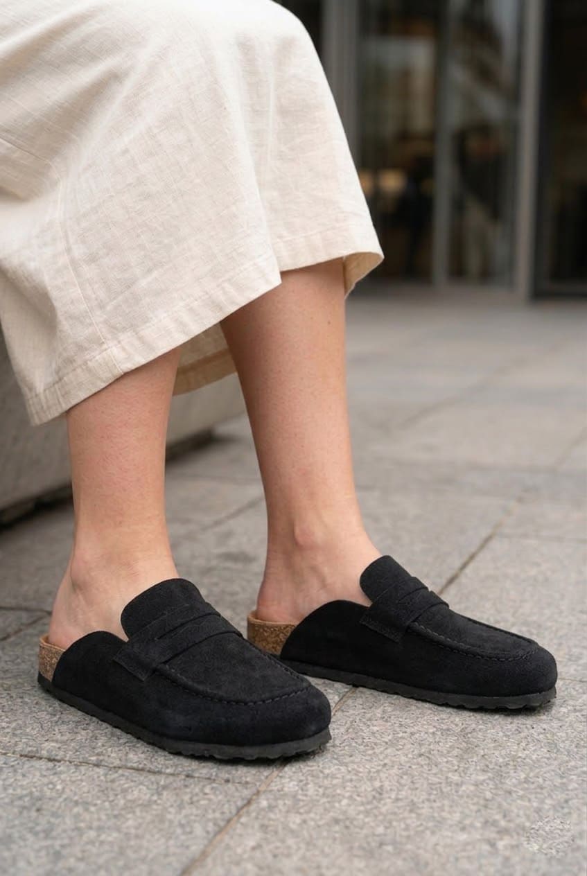 Regensburg Premium Hakiki Süet Deri Kadın Günlük Mantar Taban Loafer Terlik - Siyah
