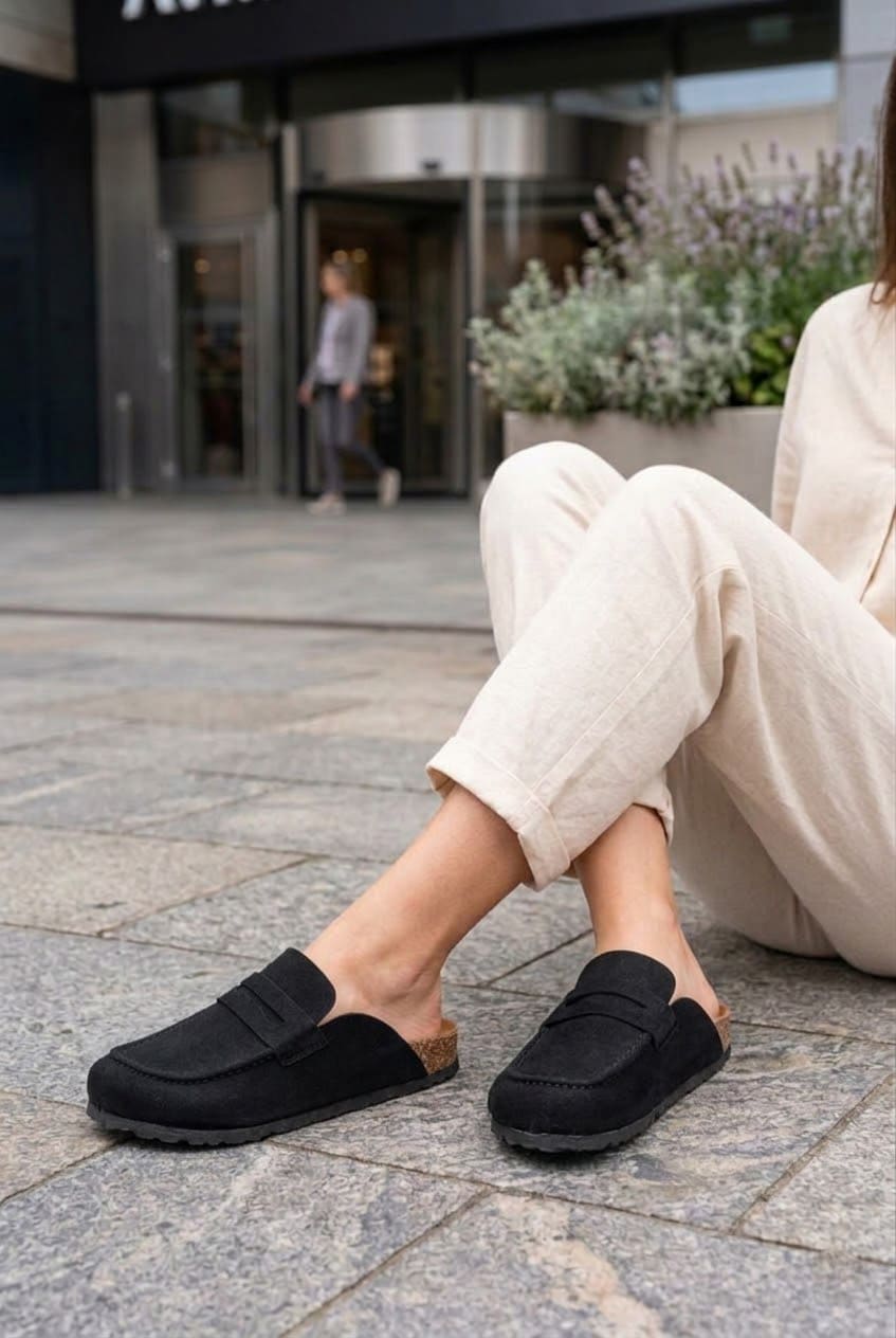 Regensburg Premium Hakiki Süet Deri Kadın Günlük Mantar Taban Loafer Terlik - Siyah