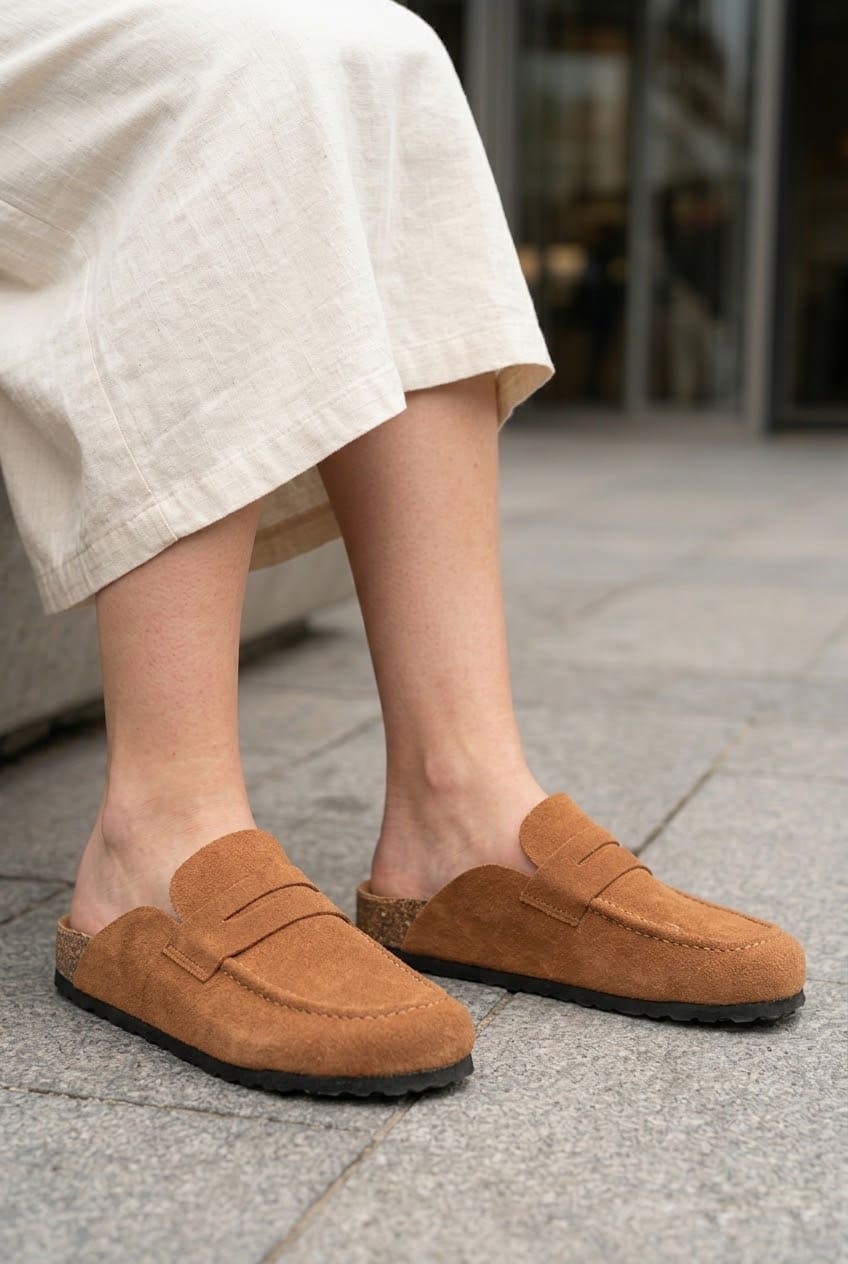 Regensburg Premium Hakiki Süet Deri Kadın Günlük Mantar Taban Loafer Terlik - Taba