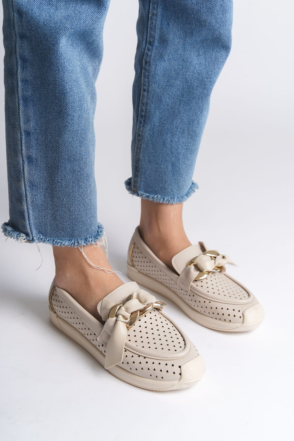 LYDIA Laceless Orthopedic Comfortable Heart Patterned Women's Ballerinas - Cream Heart Patterned