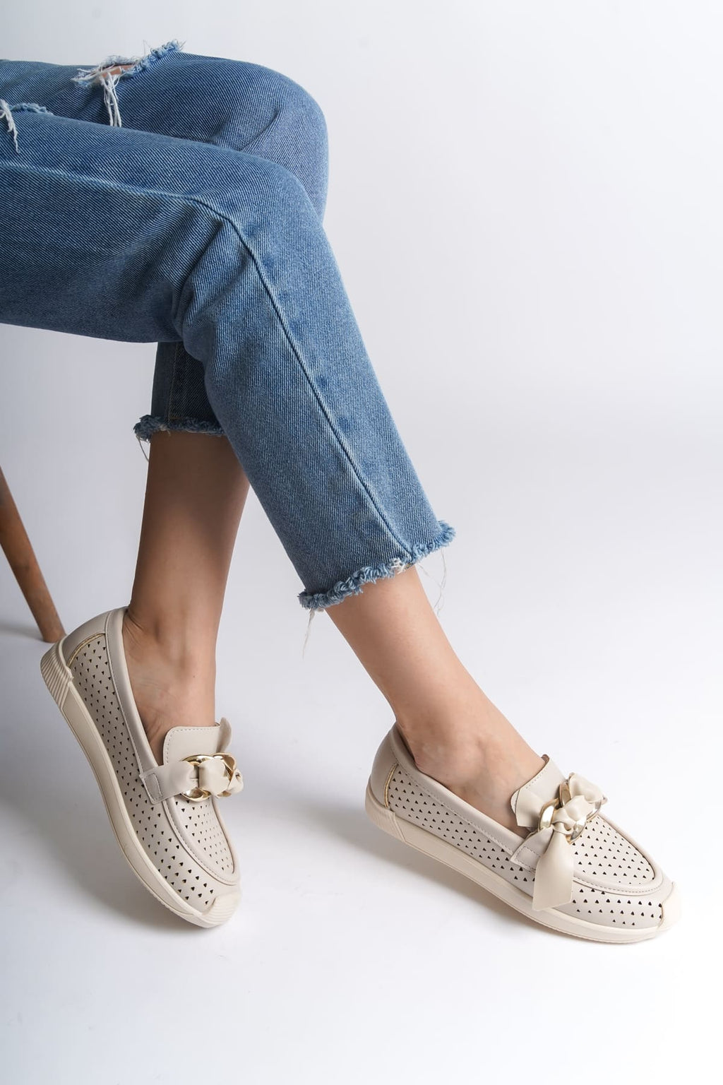 LYDIA Laceless Orthopedic Comfortable Heart Patterned Women's Ballerinas - Cream Heart Patterned