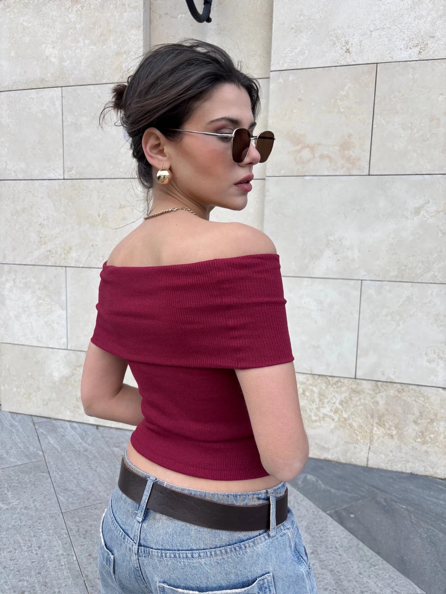 Madonna Yaka Sıfır Kol Bluz Bordo