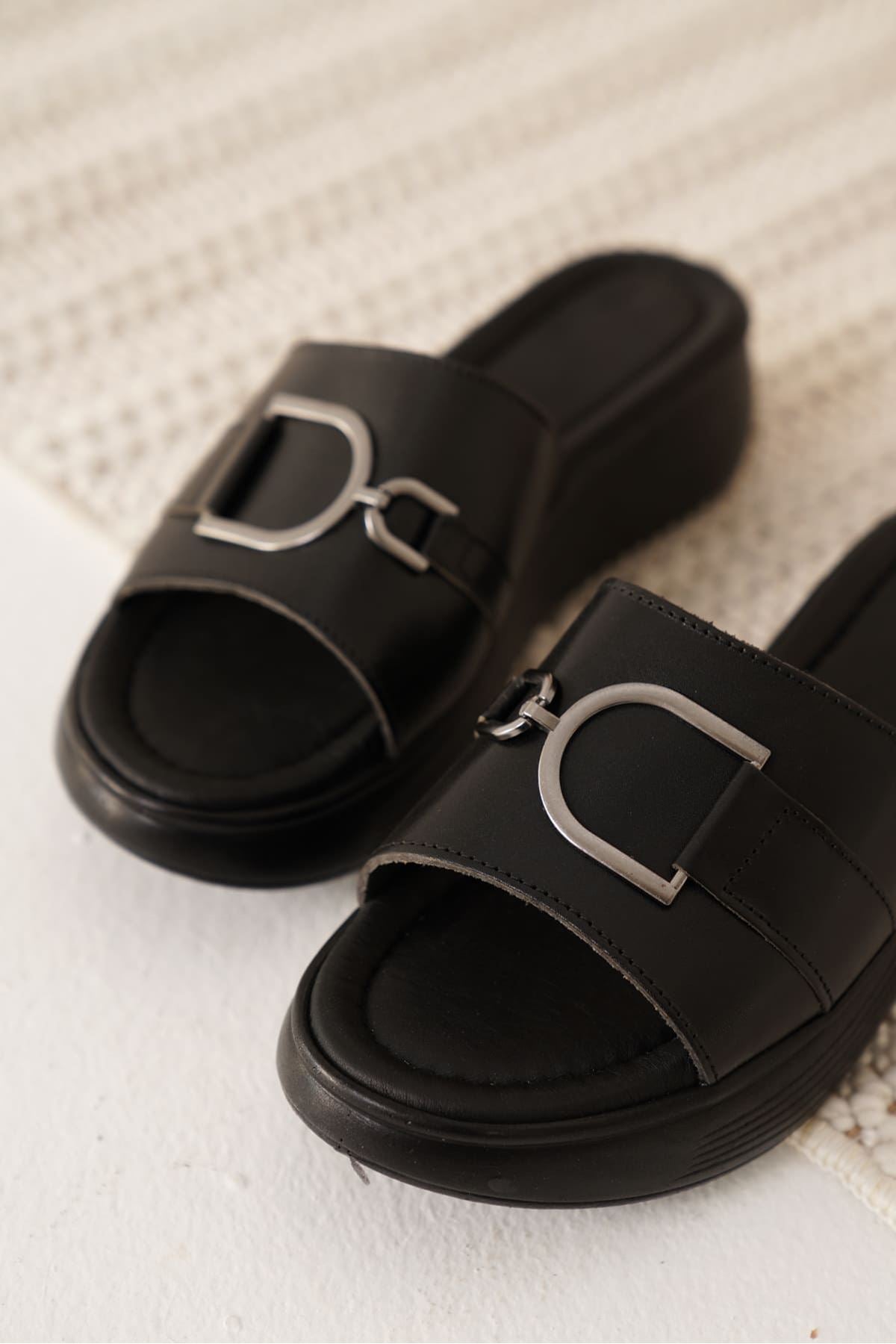 Maria Premium Black Genuine Leather Slippers