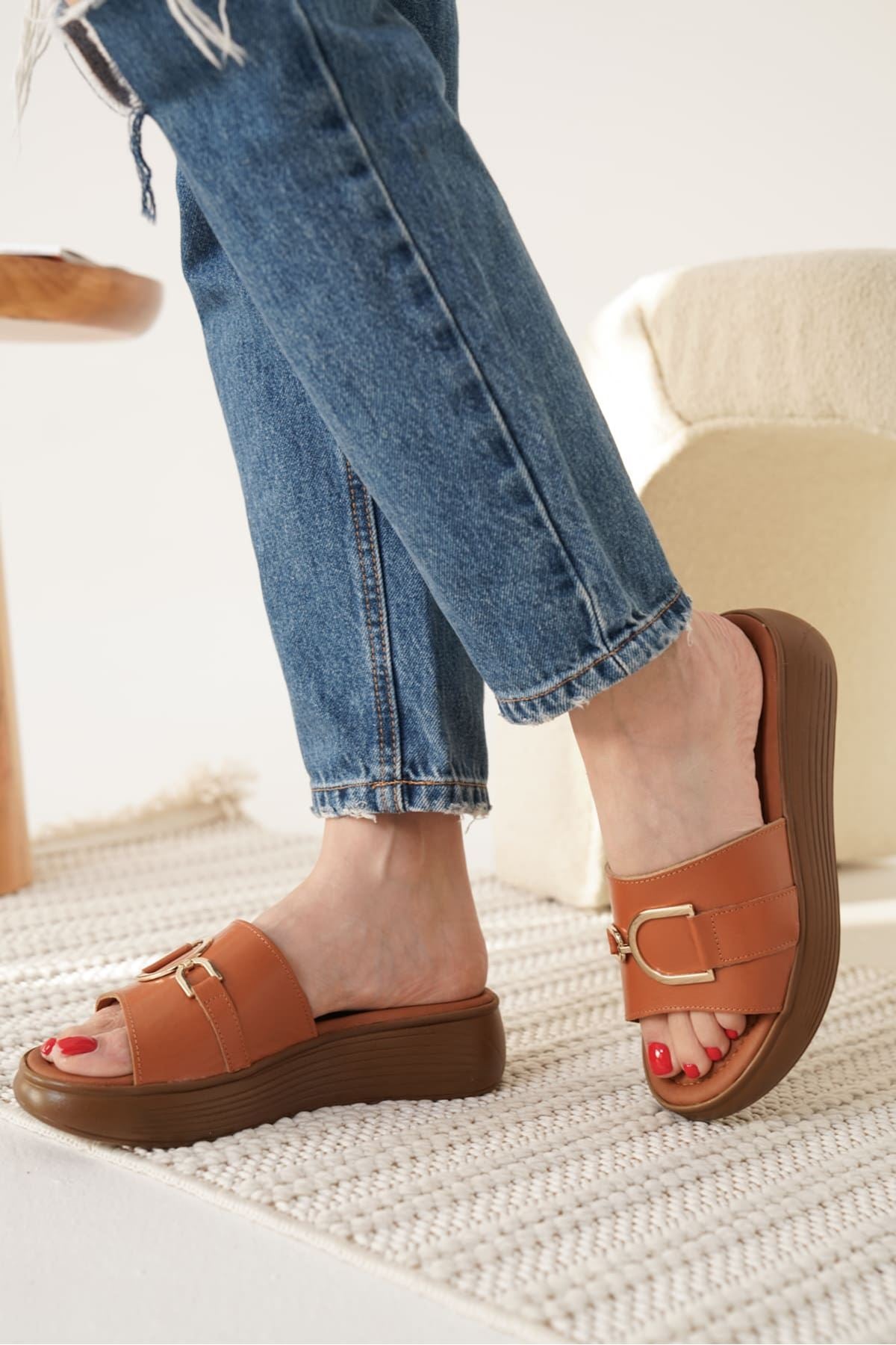 Maria Premium Tan Genuine Leather Slippers