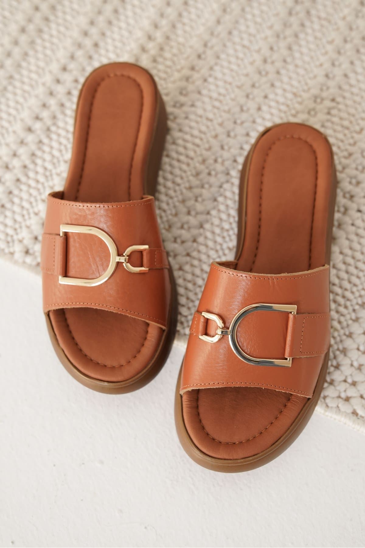 Maria Premium Tan Genuine Leather Slippers