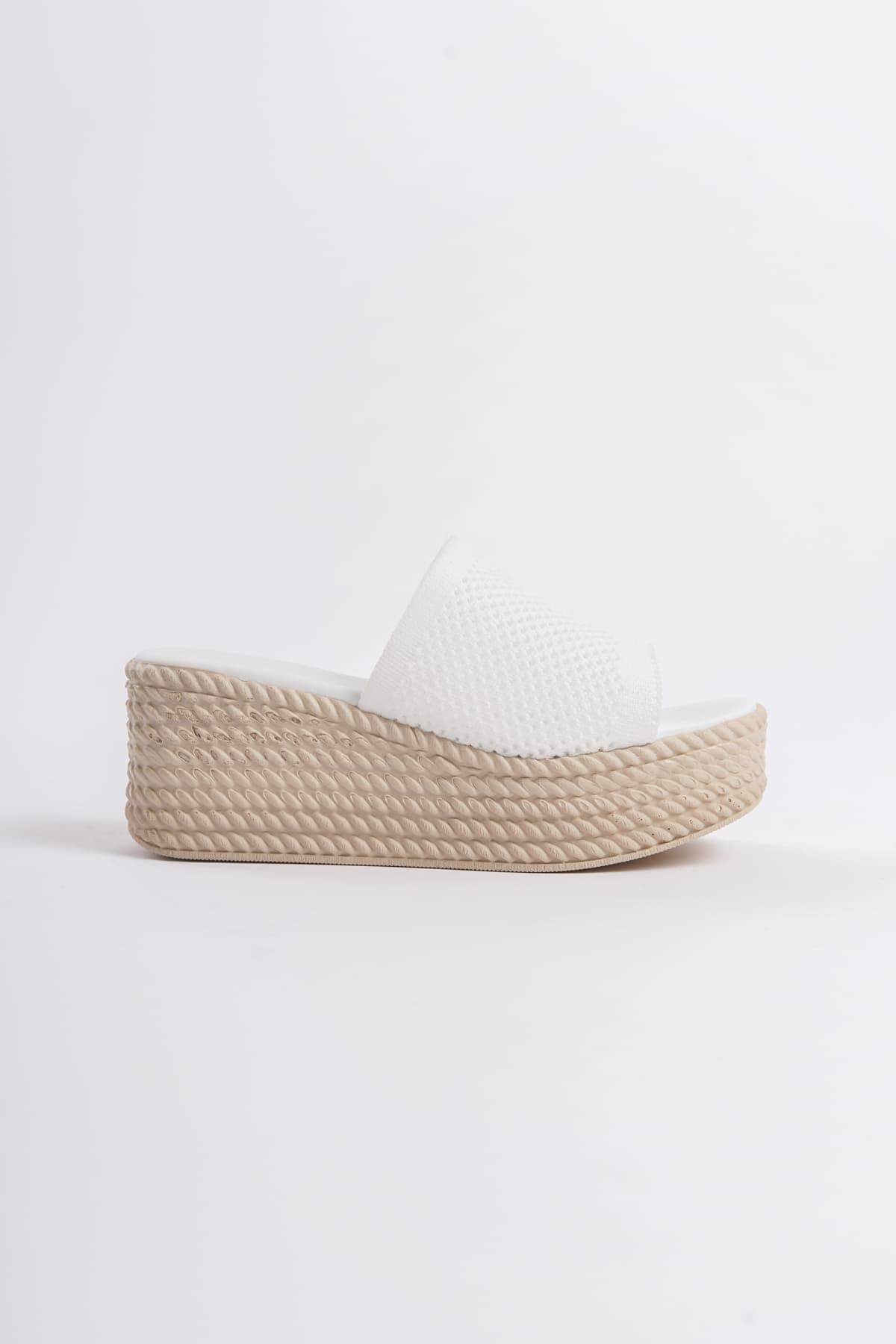MOSINA Wedge Heeled Orthopedic Sole Straw Knitted White Women's Slippers