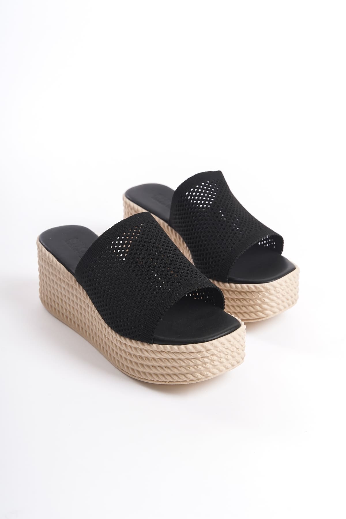 MOSINA Wedge Heeled Orthopedic Sole Straw Knitted Black Women's Slippers