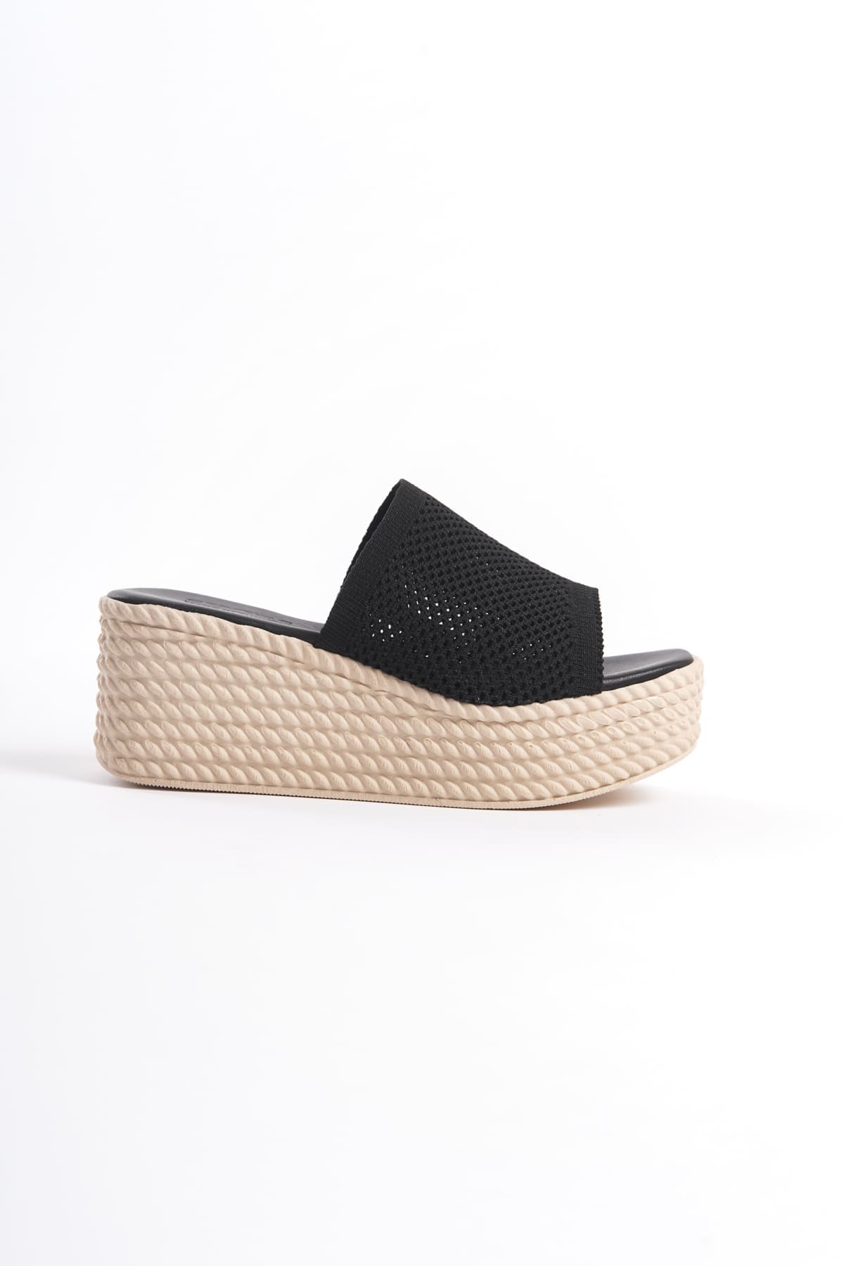 MOSINA Wedge Heeled Orthopedic Sole Straw Knitted Black Women's Slippers