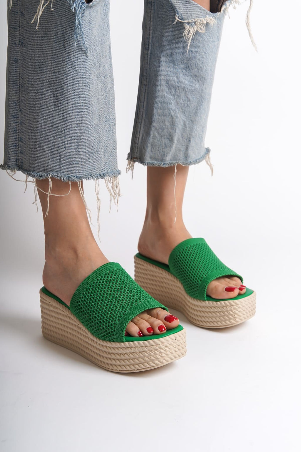 MOSINA Wedge Heeled Orthopedic Sole Straw Knit Green Women's Slippers