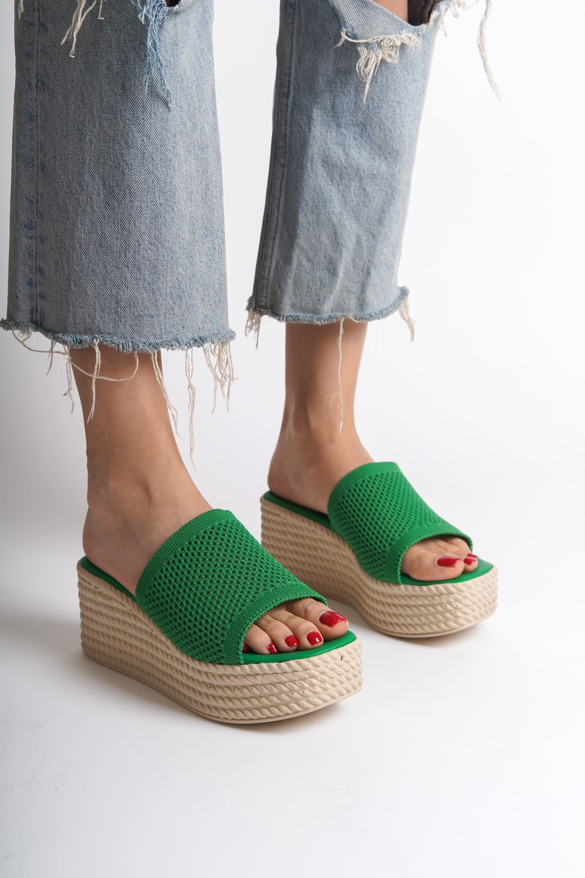 MOSINA Wedge Heeled Orthopedic Sole Straw Knit Green Women's Slippers