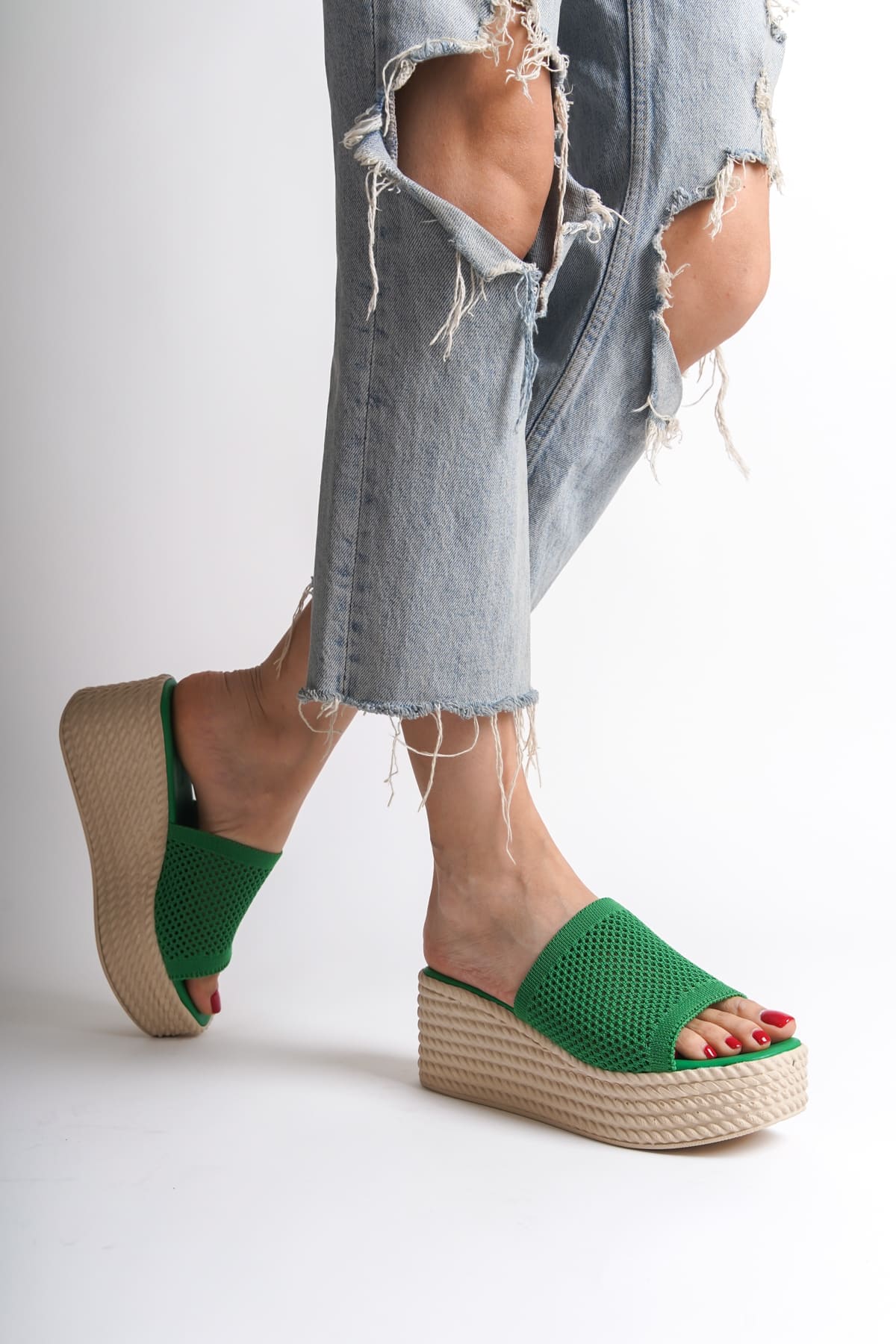 MOSINA Wedge Heeled Orthopedic Sole Straw Knit Green Women's Slippers