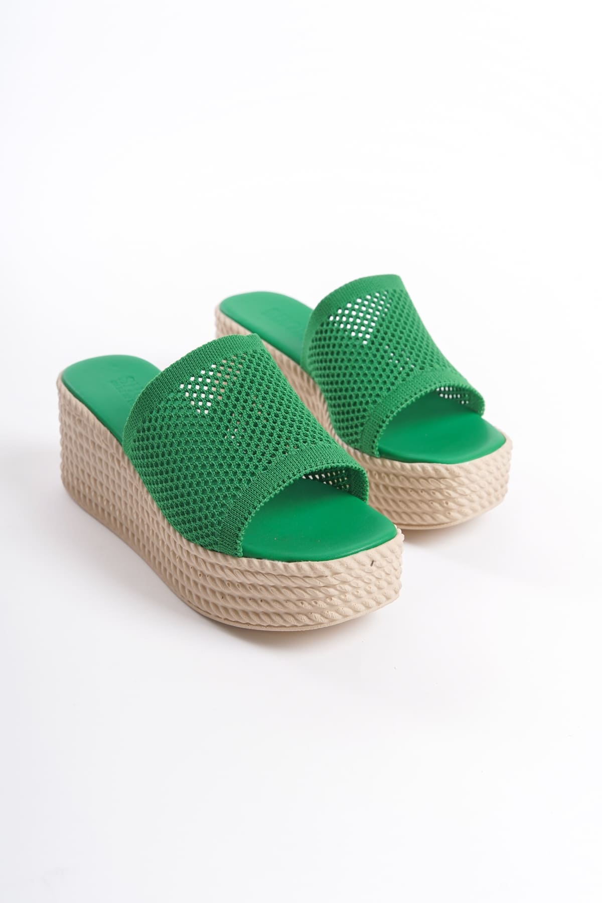 MOSINA Wedge Heeled Orthopedic Sole Straw Knit Green Women's Slippers