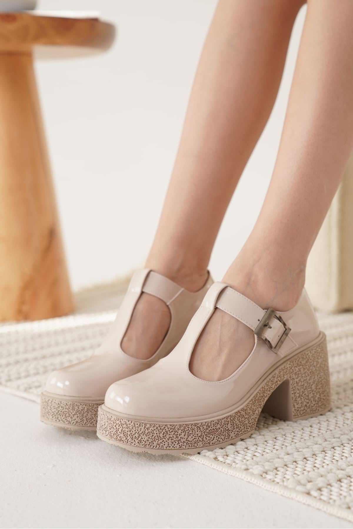 Mathilda Premium Beige Patent Leather Casual Wedge Heeled Shoes