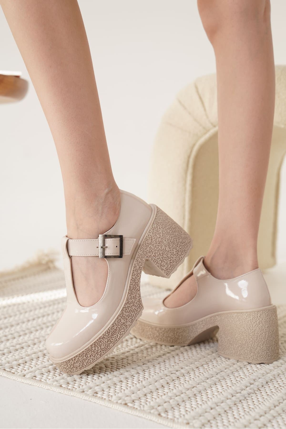 Mathilda Premium Beige Patent Leather Casual Wedge Heeled Shoes